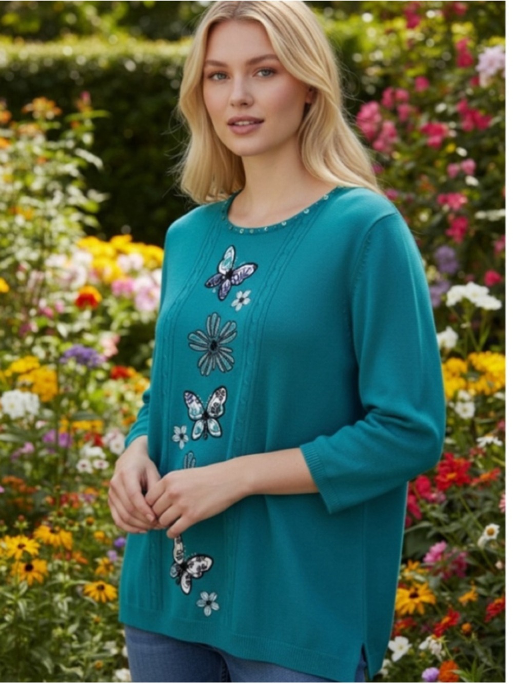 Alfred Dunner Turquoise Butterfly Crew Neck Sweater L
